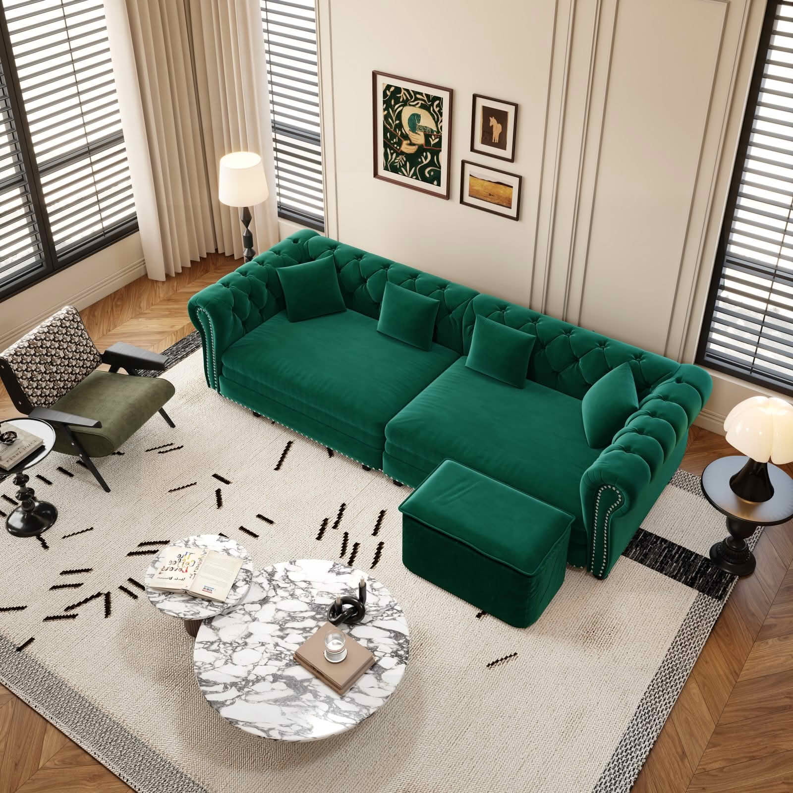 MAYEERTY 89" Chesterfield 3‑in‑1 Pull‑Out Sofa Bed, Tufted Velvet 3‑Seater Couch with Movable Ottoman, King Size Sleeper Chaise Lounge, 4 Pillows Included