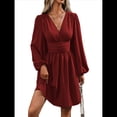 thumbnail image 3 of Vestido Elegante para Mujer, Cuello en V, Larga, Cintura Alta, Corte Holgado, para Fiesta de Graduación, Cóctel, Corto Vino Tinto M, 3 of 7