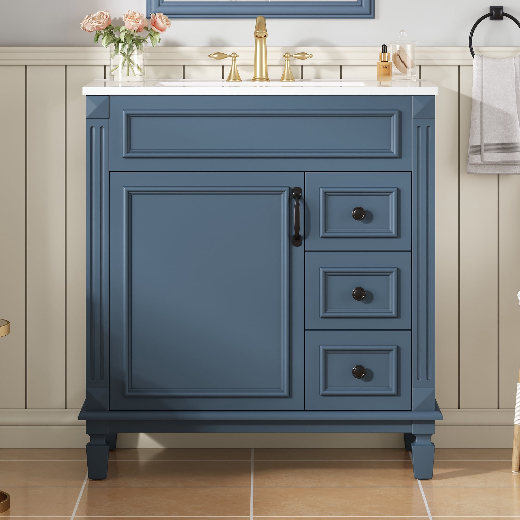 Harper & Bright Designs 30'' Small Bathroom Vanity with Sink, Modern Bathroom Cabinet Freestanding with Drawers, Bathroom Storage Cabinet with Adjustable Shelf, Blue