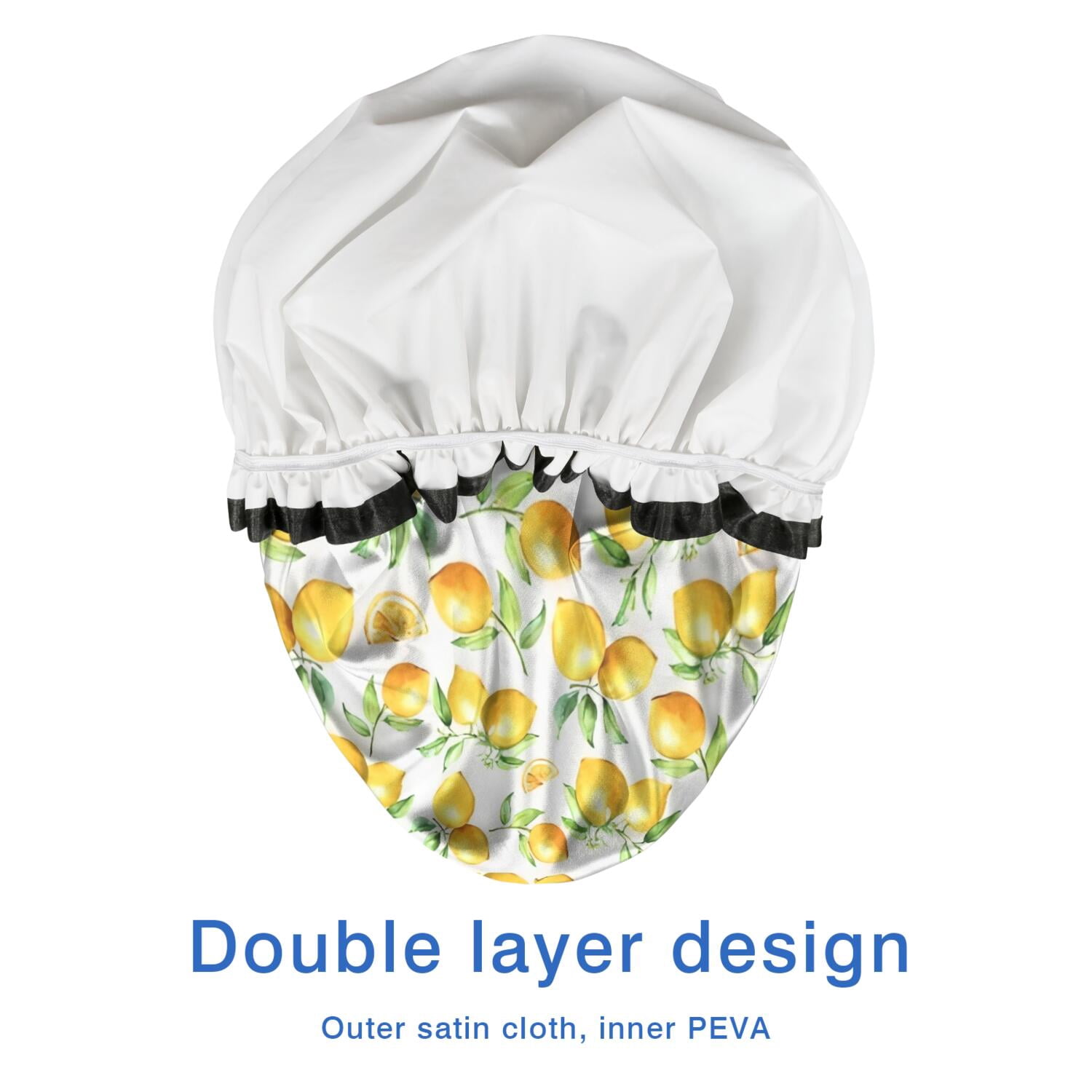 Shower Caps,Yellow Lemon Fruit Slices White Pattern Waterproof Shower Cap for Women 4 Pieces,Double Reusable Hair Cover for Shower PEVA Elastic Stretch Hem