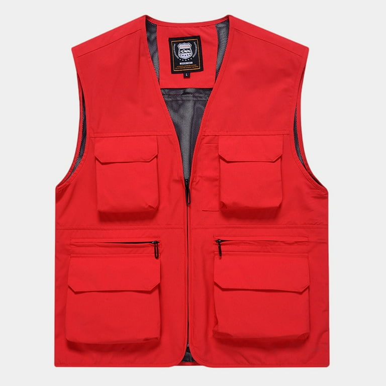 WREESH Mens Thin Cargo Vest Casual Solid Work Vests Travel Photography Vest Outdoor Hiking Vests Red Walmart