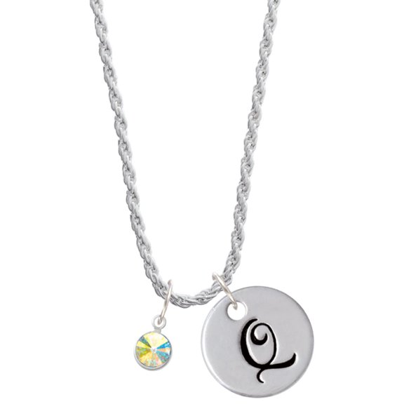 Delight Jewelry Crystal Clear AB Channel Drop Silvertone Script Initial Disc - Q - Charm Necklace, 20"+3"