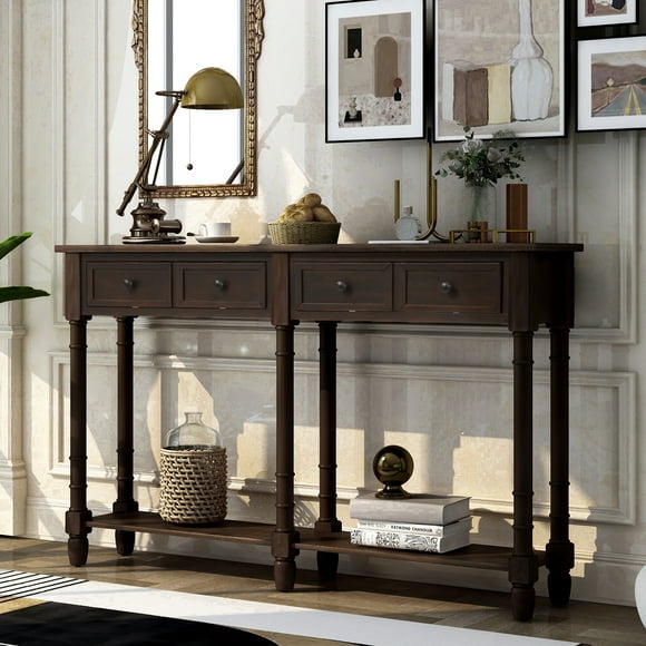 OUDOSPRS Table Console à Assemblage Facile, Comprend Deux Tiroirs de Rangement et une Tablette Inférieure, Parfait pour le Salon et l'Entrée (Espresso)