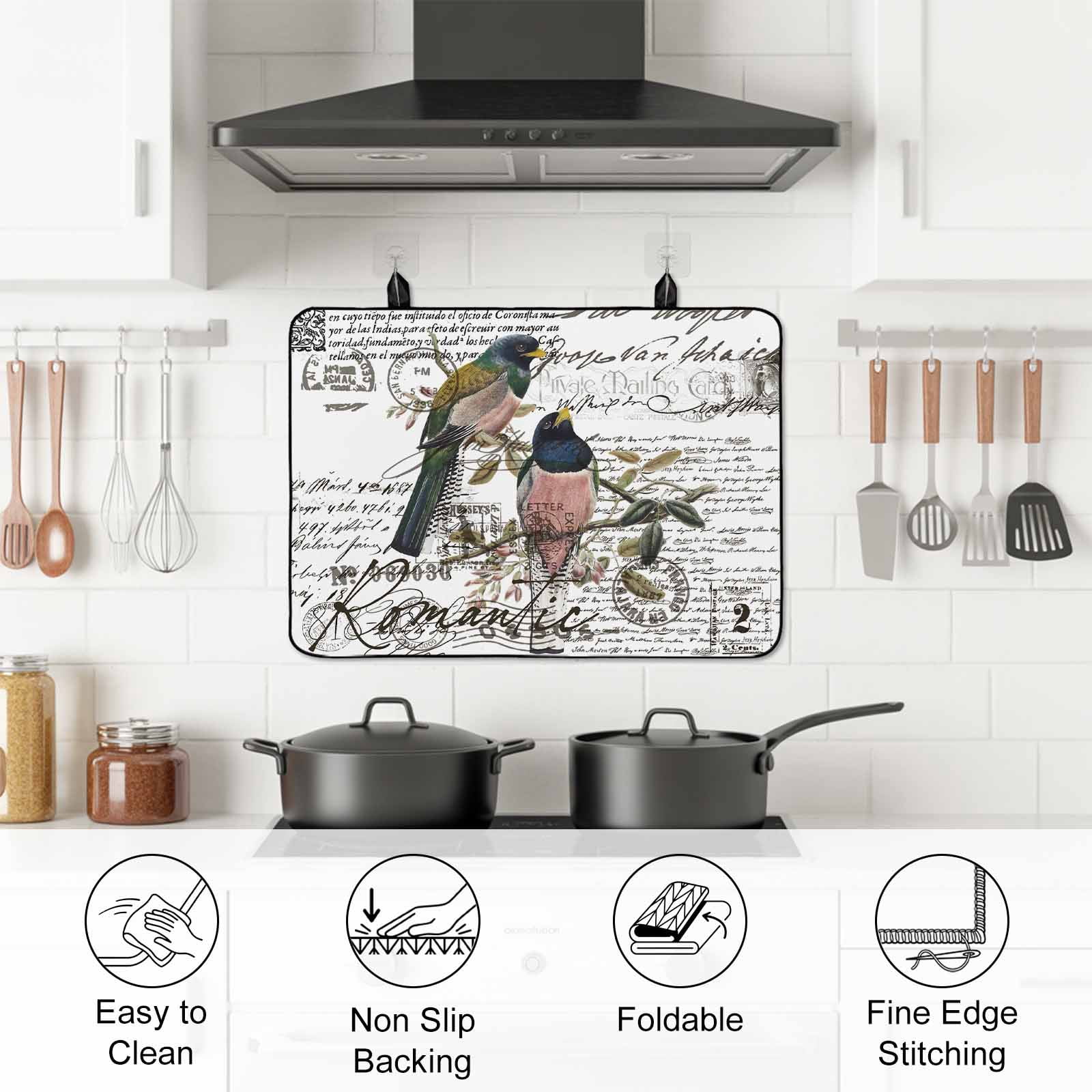Vintage Birds Stove Top Cover for Electric Stove, Heat-proof & Non Slip Glass Top Stove Cover Protector, Envelope Postmark Farmhouse Botancial Kitchen Flat Cooktop Rubber Mat 24x21 Inches