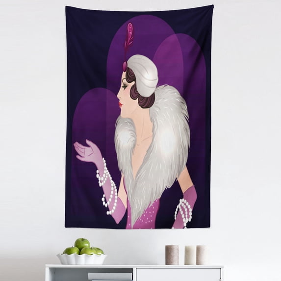 Retro Tapestry, Vintage Portrait of Young Lady with Fluffy Fur and Pearls Fashion Glamor Pink Gloves, Fabric Wall Hanging Decor for Bedroom Living Room Dorm, 5 Sizes, Multicolor, by Ambesonne