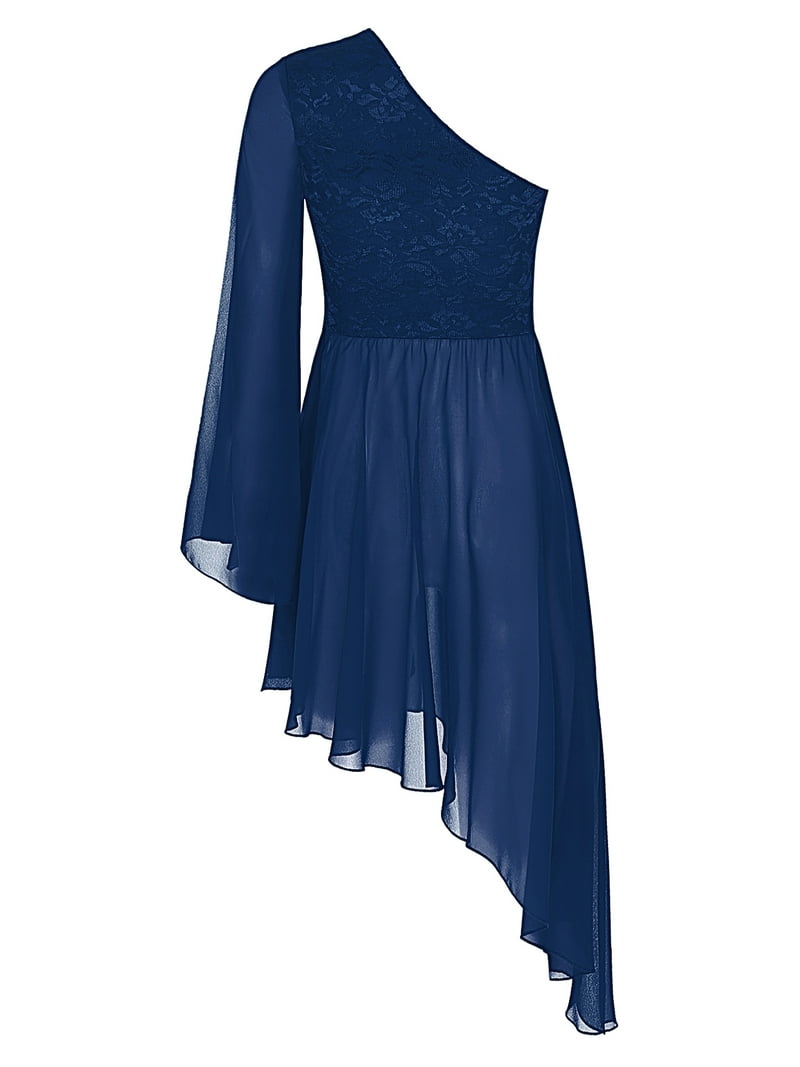 Aislor Women's Dance One Shoulder Flared Sleeve Asymmetrical Dress Navy Blue  M - Walmart.com