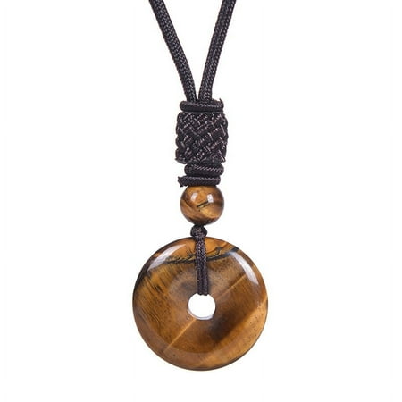 Zhuge 25mm Round Donut Gemstone Pendant Necklace, Natural Crystal Lucky Coin Charm, Adjustable Rope Quartz Stone Healing Protection Jewelry for Men and Women, Brown