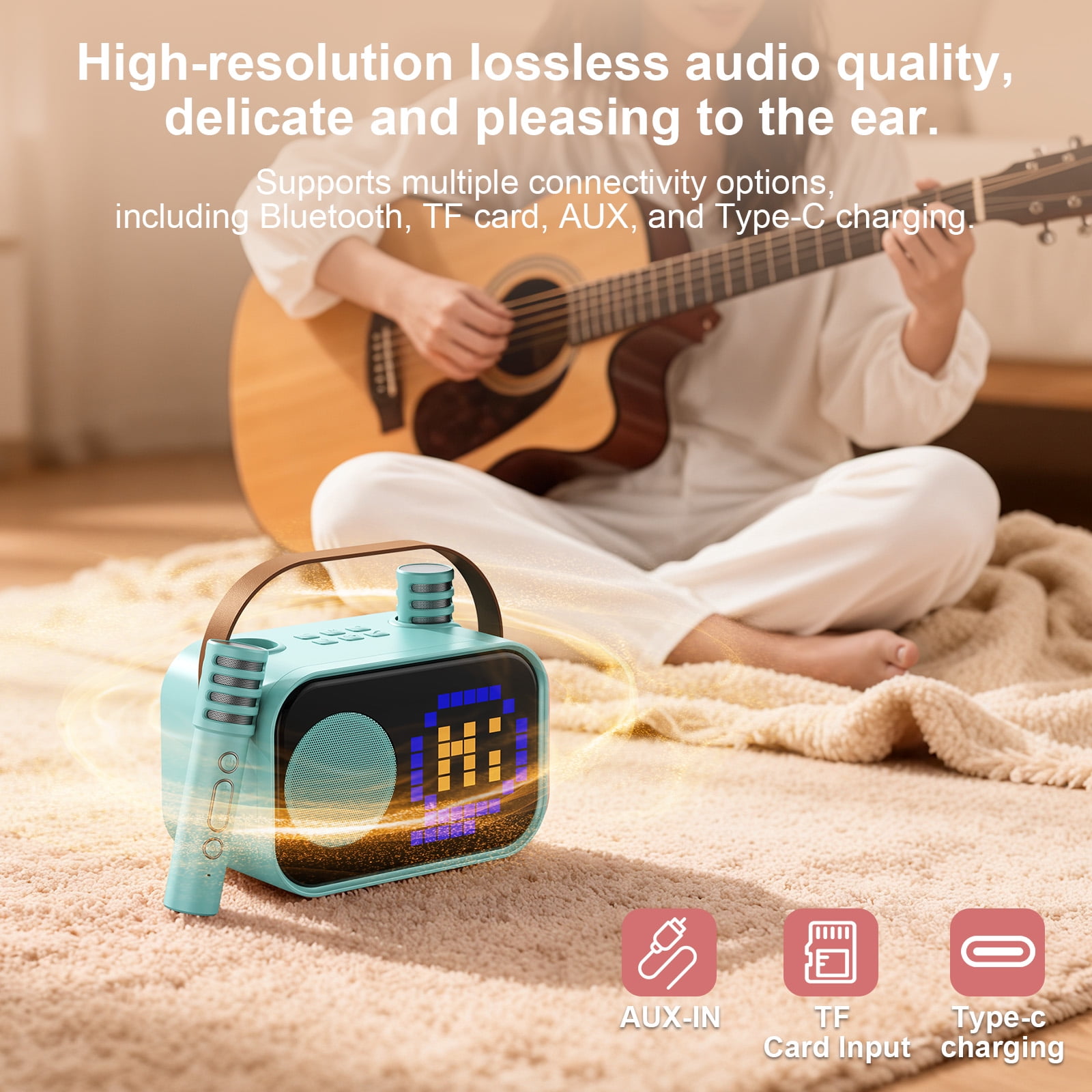 JYX Karaoke Machine for Kids Adults, Portable Bluetooth Speaker with 2 Mic, Party Speaker with 15+ Pixel Animation for Singing, D58G-T