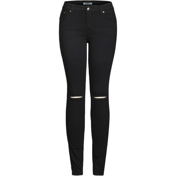 2Luver, Women's, Solid Stretchy 5 Pocket Distressed Skinny Jeans, Black, 7