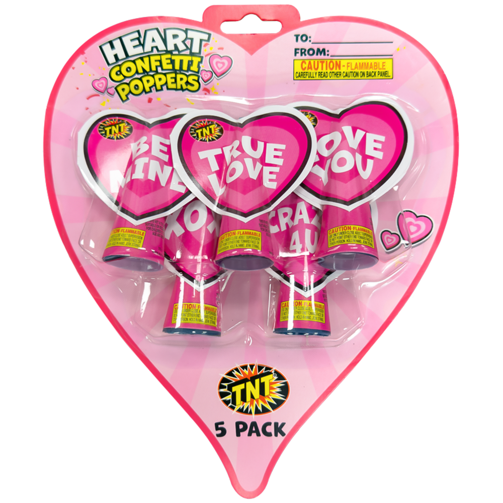 Heart Party Poppers, TNT Fireworks, 5 Blister Packs, 30 Total Party Poppers