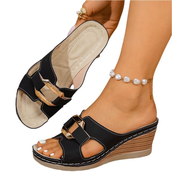 LTTVQM Slide Sandals for Women Arch Support Platform Open Toe Cork Footbed Wedge Sandals Slip-On Lounge Adjustable Buckle Slides for Daily Walking Black 36(US-5.5)