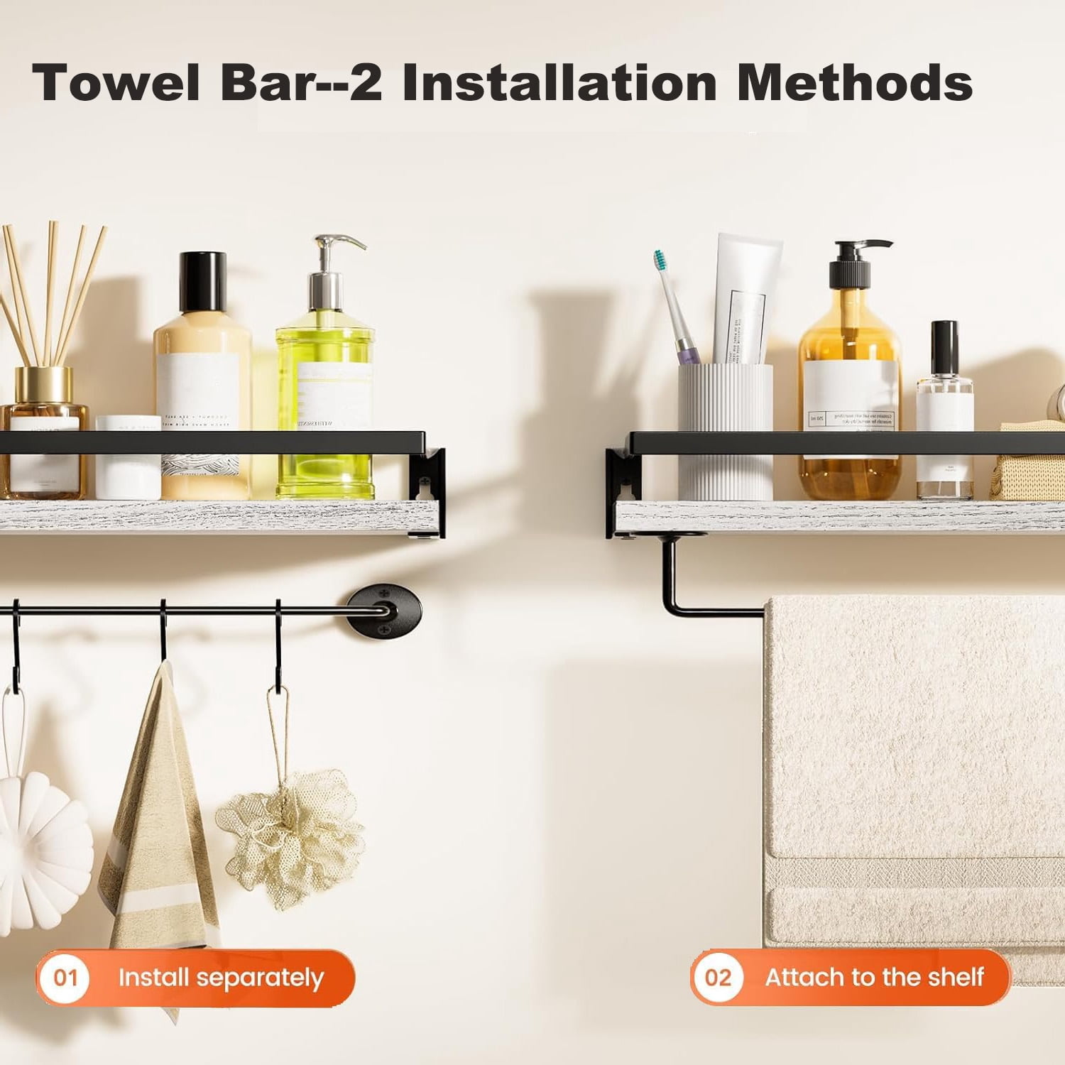 2-Tier White Wall-Mounted Floating Shelves W/Guardrail & Towel Bar, 16 Inch Rustic Wood Storage Shelf for Living Room Kitchen Bedroom, Bathroom Shelves Over The Toilet