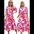 thumbnail image 2 of Vestido Floral con Escote en V para Mujer, Verano 2025, Moderno, Bohemio, Plisado, con Mangas Abullonadas. Rosa Púrpura XL, 2 of 5