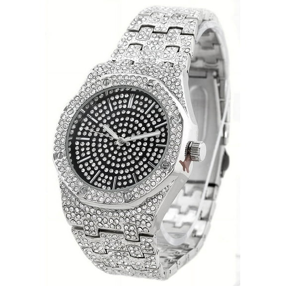 Men's silver tone CZ ice out clubbing watch 42mm 11mm thick case.