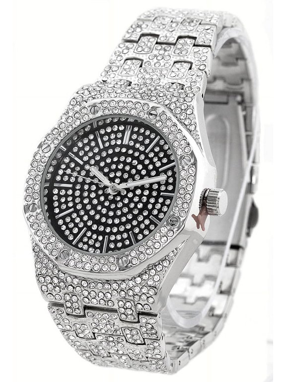 Men's silver tone CZ ice out clubbing watch 42mm 11mm thick case.