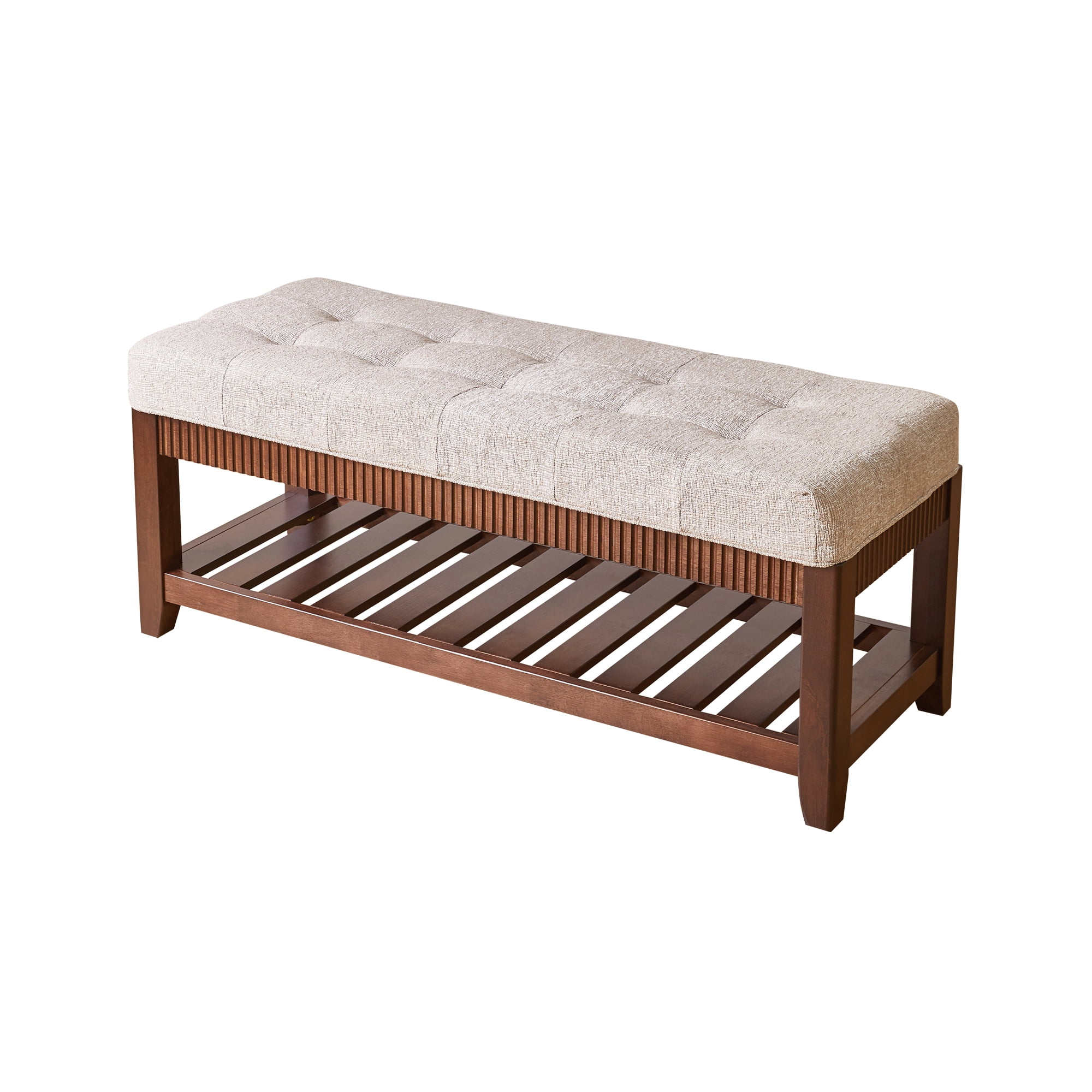 Solid Rubber Wood Entryway Bench with Padded Cushion and Shoe Rack, Ash Brown