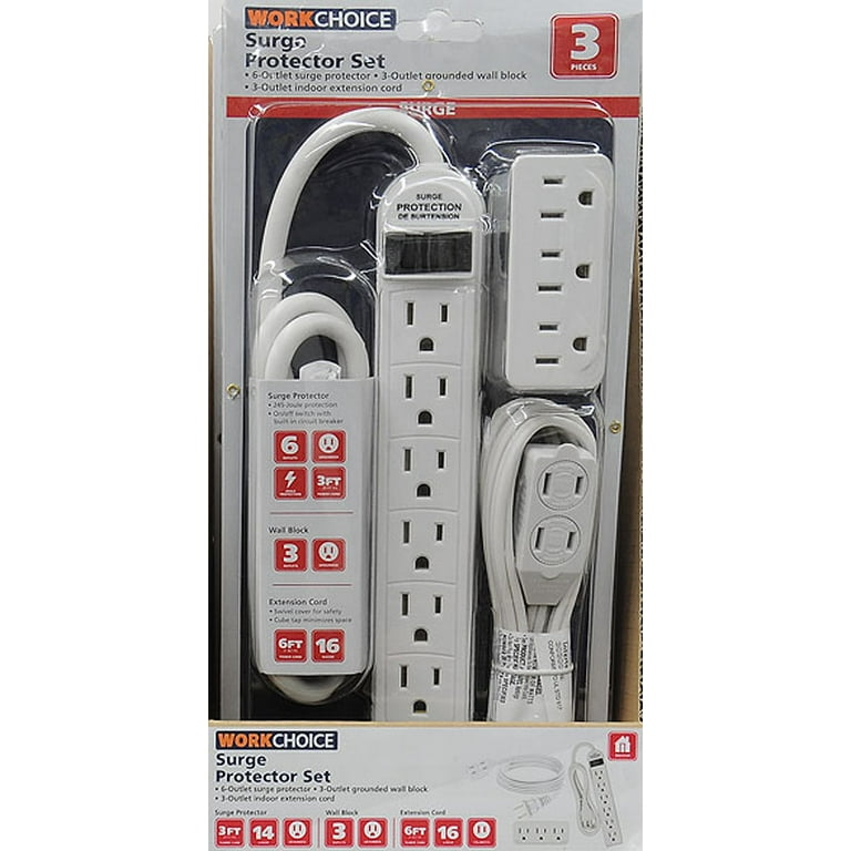 3-Piece Surge Protector, Grounded Wall Block and Extension Cord Value Pack, PS615/CT026/10F