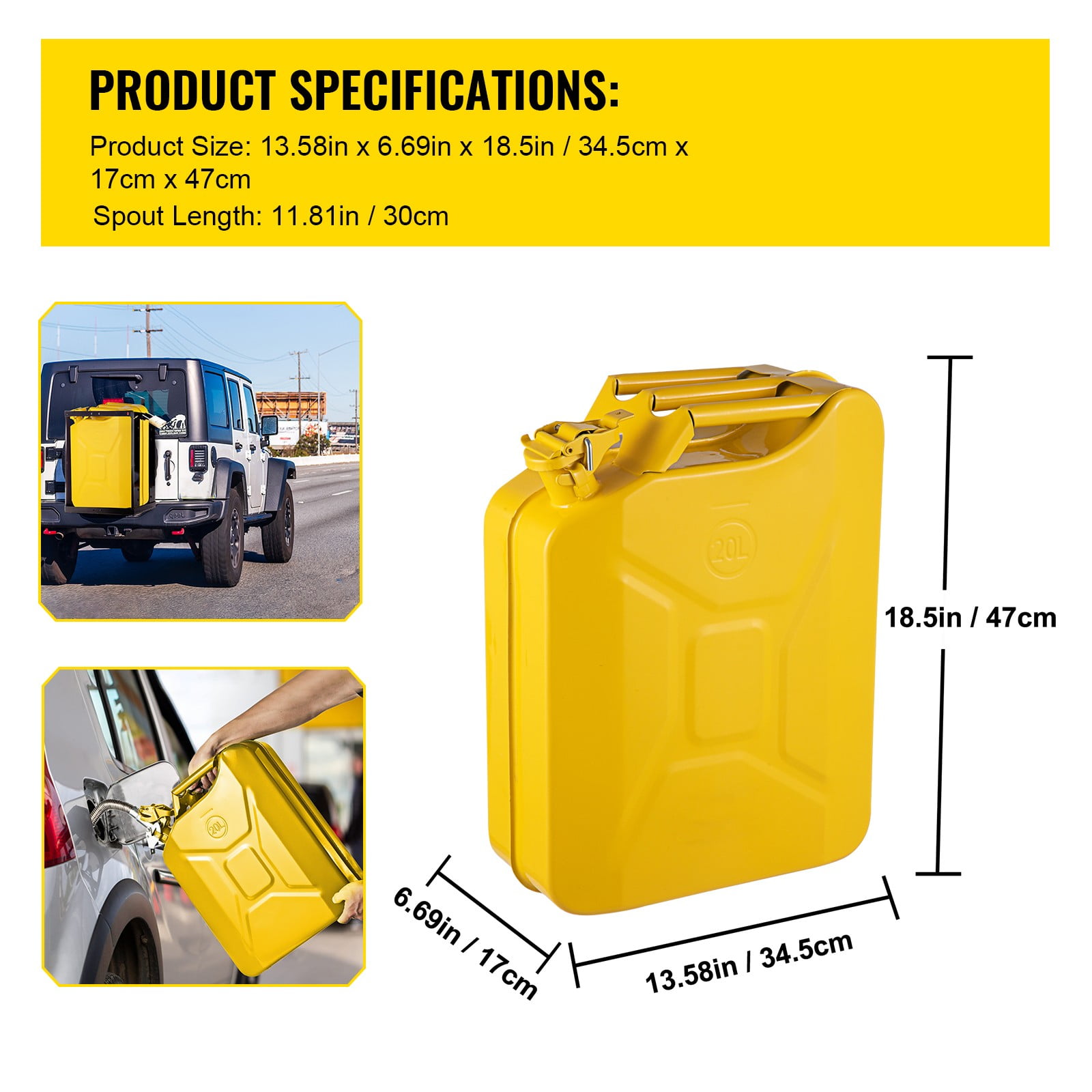 BENTISM Jerry Fuel Can, 5.3 Gallon / 20 L Portable Jerry Gas Can with Flexible Spout System, Rustproof ＆ Heat-resistant Steel Fuel Tank for Cars Trucks Equipment, Yellow