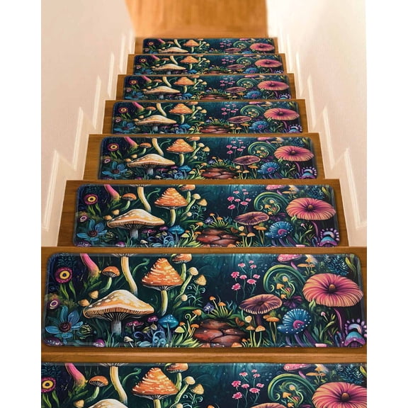 Mushroom Stair Treads for Wooden Steps Indoor Runner Rug Carpet, Dream Forest Botanical Floral Plant 4 Pieces Peel and Stick Staircase Step Treads Covers Washable Throw Door Mats, 30"x8"