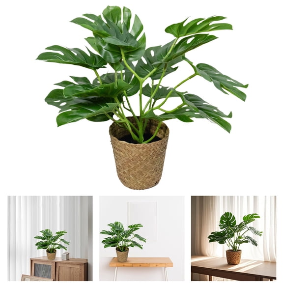 13 Inch Compact Artificial Monstera Leaf Potted Plant, Lifelike Faux Tropical Greenery for Porch Balcony Living Room Garden Decor