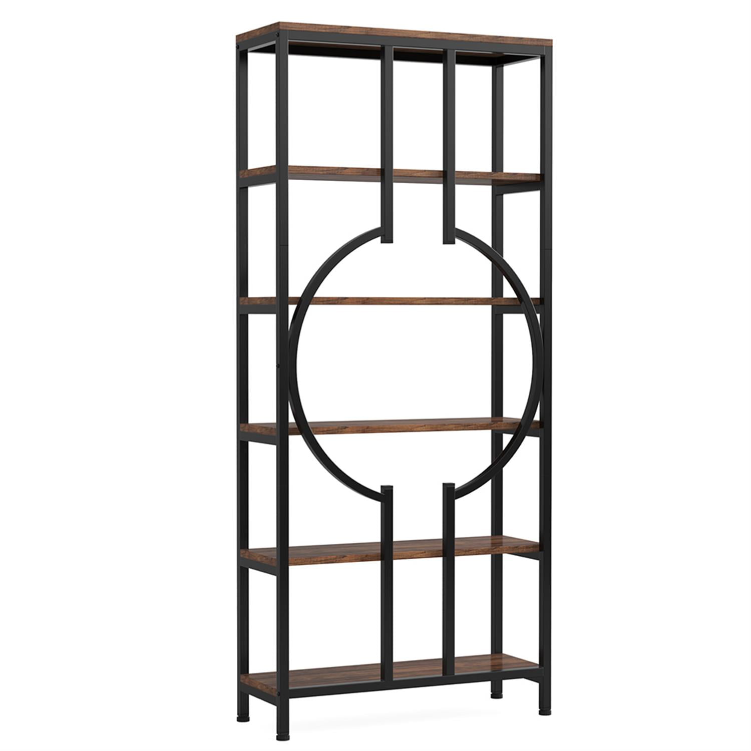 Demi Bonn 6 Tier Bookshelf, Wood and Metal Bookcase Storage Organizer, 70" Tall Display Standing Shelf Unit for Bedroom, Living Room, Brown