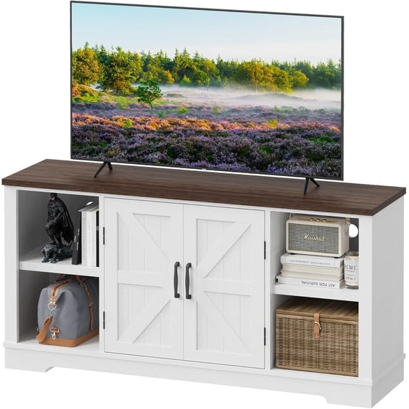 Luckyeestar Farmhouse TV Stand for 65 Inch TVs, Cheersstar Entertainment Center with 2 Storage Cabinets, Waterproof Modern Media Console Table for Living Room/Bedroom(Antique White)