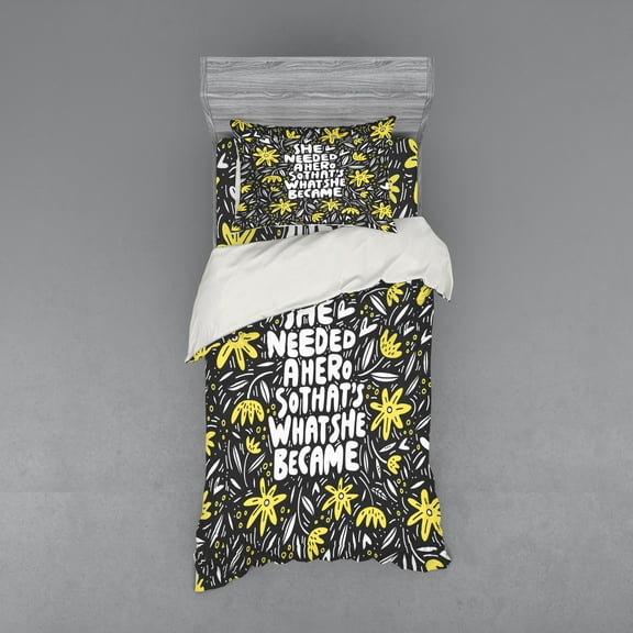 Saying Duvet Cover Set, Feminism Themed Graphic with Lettering and Flowers, Bedding Set with Shams and Fitted Sheet, 3 Sizes, by Ambesonne