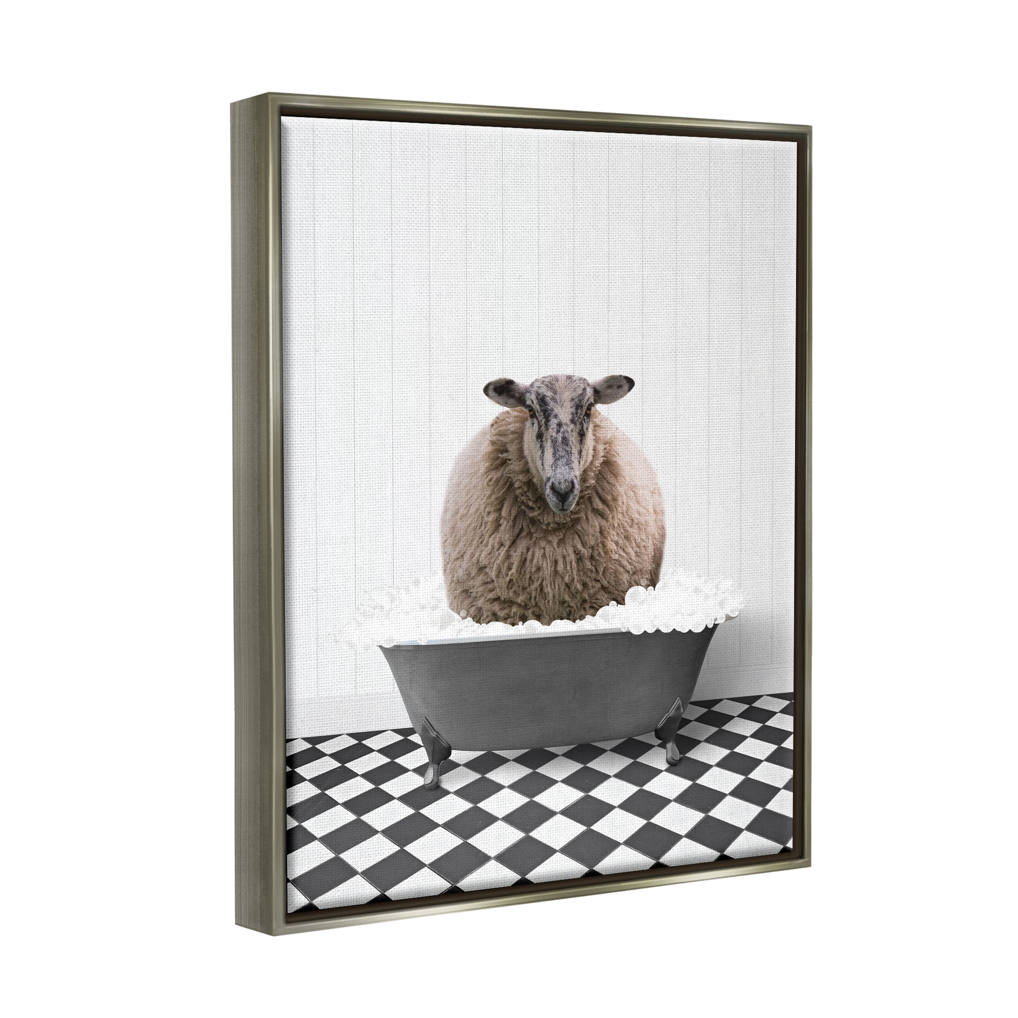 Stupell Industries Ram in Bathroom Tub Animals & Insects Painting Gray Floater Framed Art Print Wall Art, 17 x 21