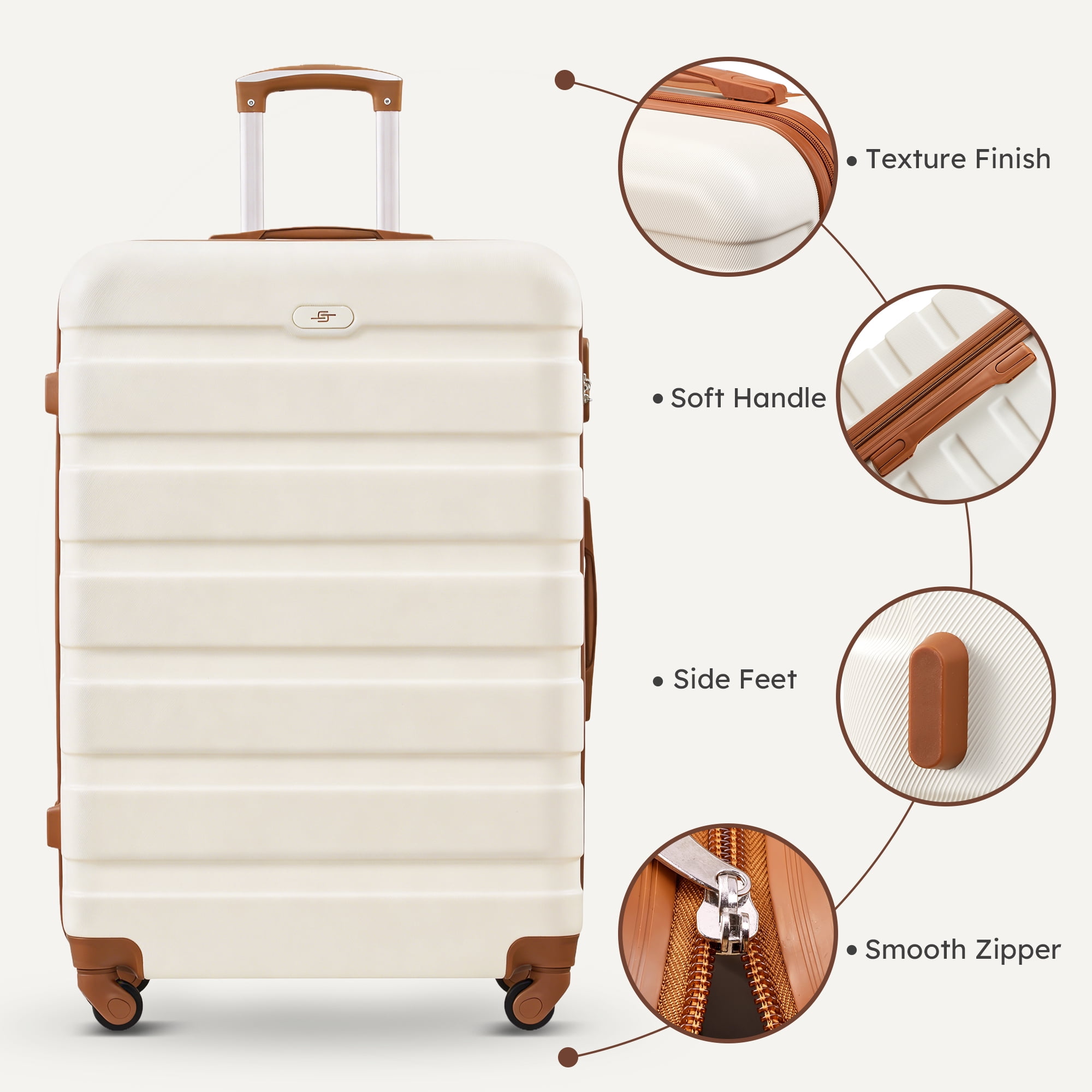 5 Pcs Travel Luggage Sets, 20 24 28 inch Carry-on and Checked Suitcase with Expandable Duffle Bags, White Tan