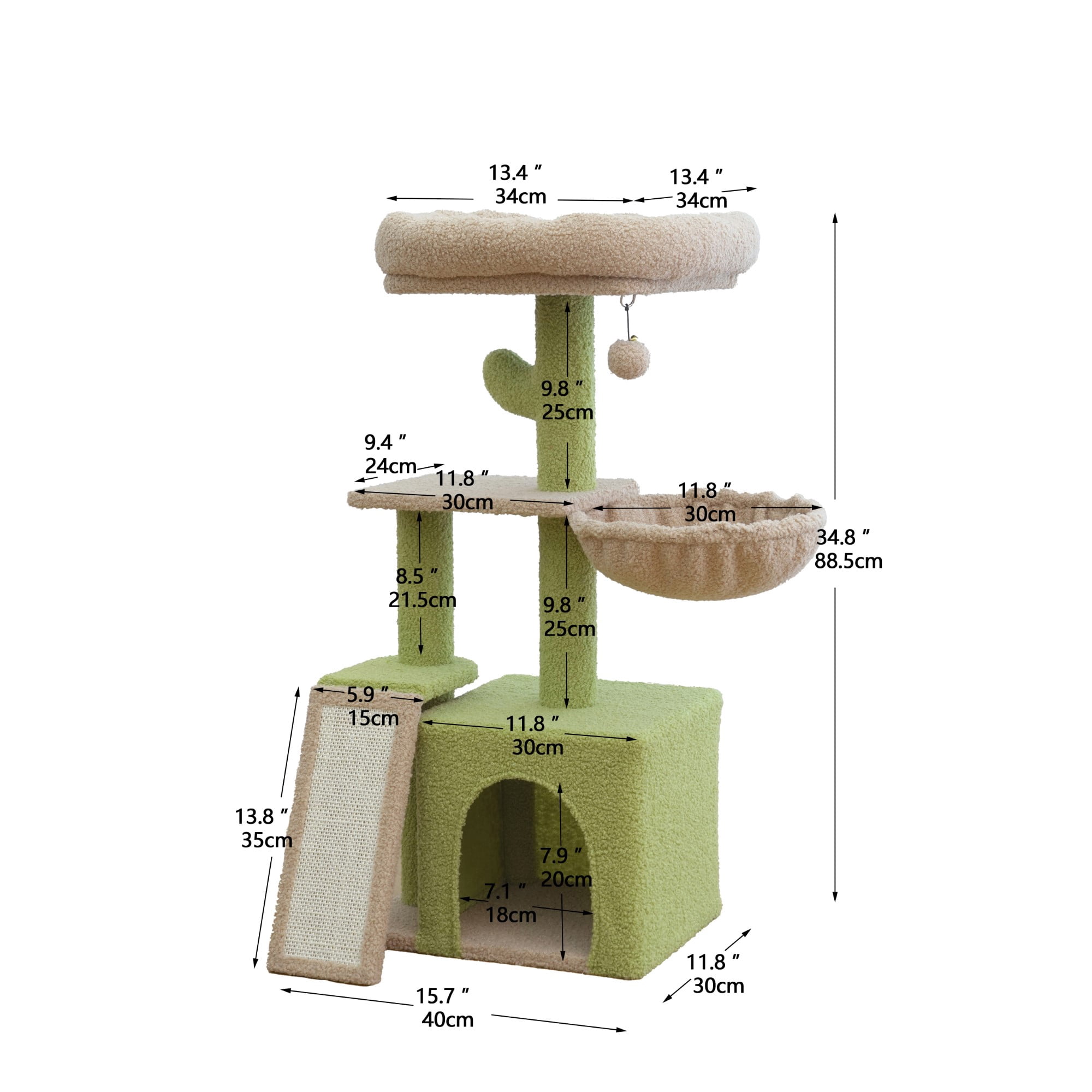 Vibrant Life Medium 4-Level 35" Cactus Cat Tree with Condo and Hammock, Green