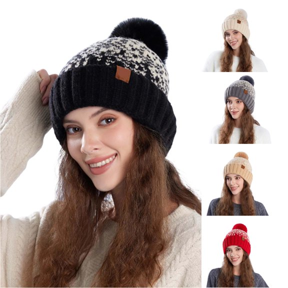 XIAOCHA Women’S Pom‑Pom Beanie,Knit‑Rib Fall‑Winter Outdoor Toque,Black