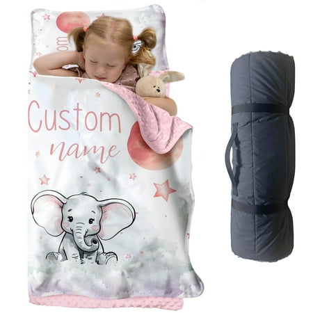 AOLOA Custom Elephant Nap Mat for Toddlers Personalized Moon and Stars Sleeping Bag with Nap Blanket Dreamy Cloud Theme Roll Up Mat for Daycare or Preschool