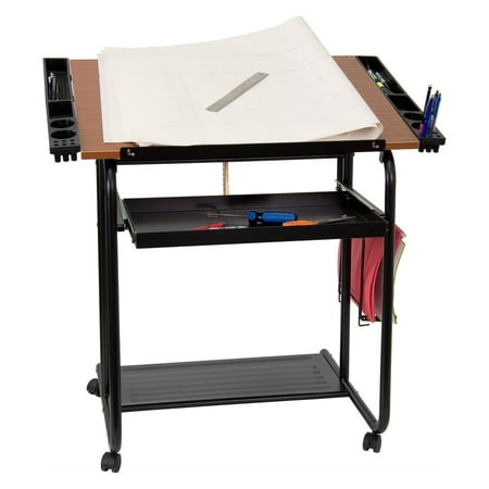 Adjustable Drawing And Drafting Table With Black Frame And Dual Wheel Casters