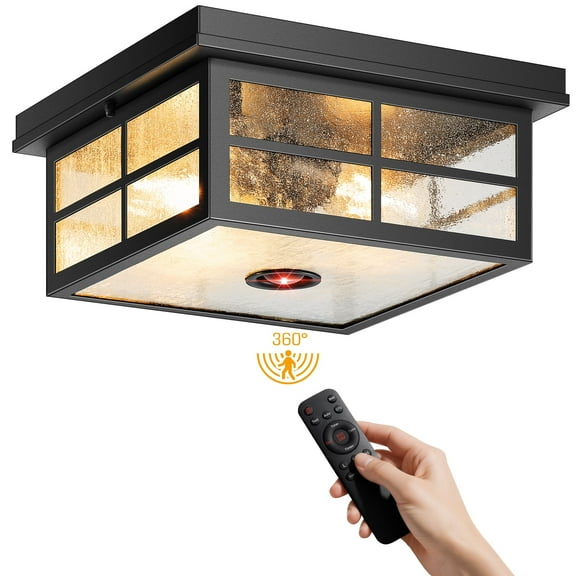 VIANIS Motion Sensor Outdoor Ceiling Light with Remote Control, 2-Light Black Modern Outdoor Flush Mount Light for Garage, Porch, Entryway, Square