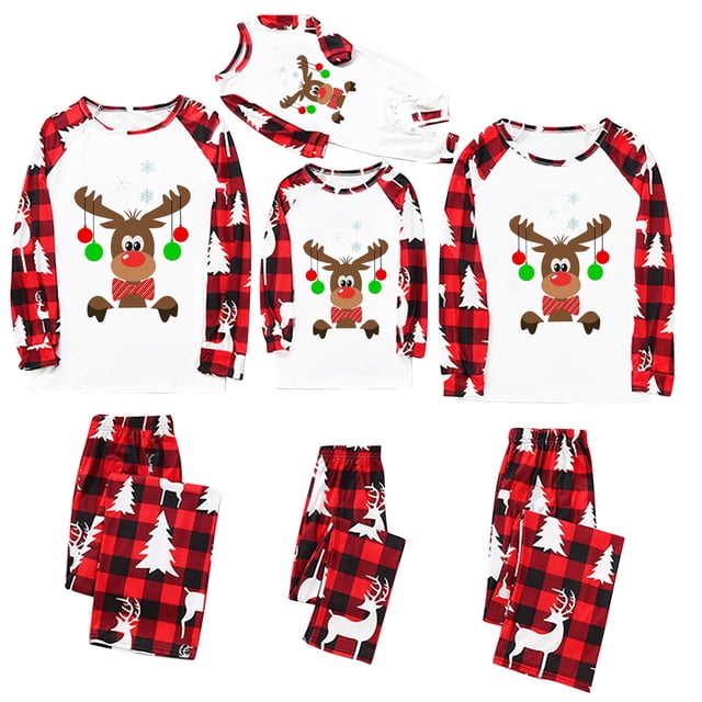 Baikeli Pyjamas de Noël pour la Famille, Ensemble de Pyjamas Assortis avec Graphique Drôle d'Orignal et de Cerf, Doux, à Carreaux Rouges et Noirs, Manches Longues, Tenue de Nuit