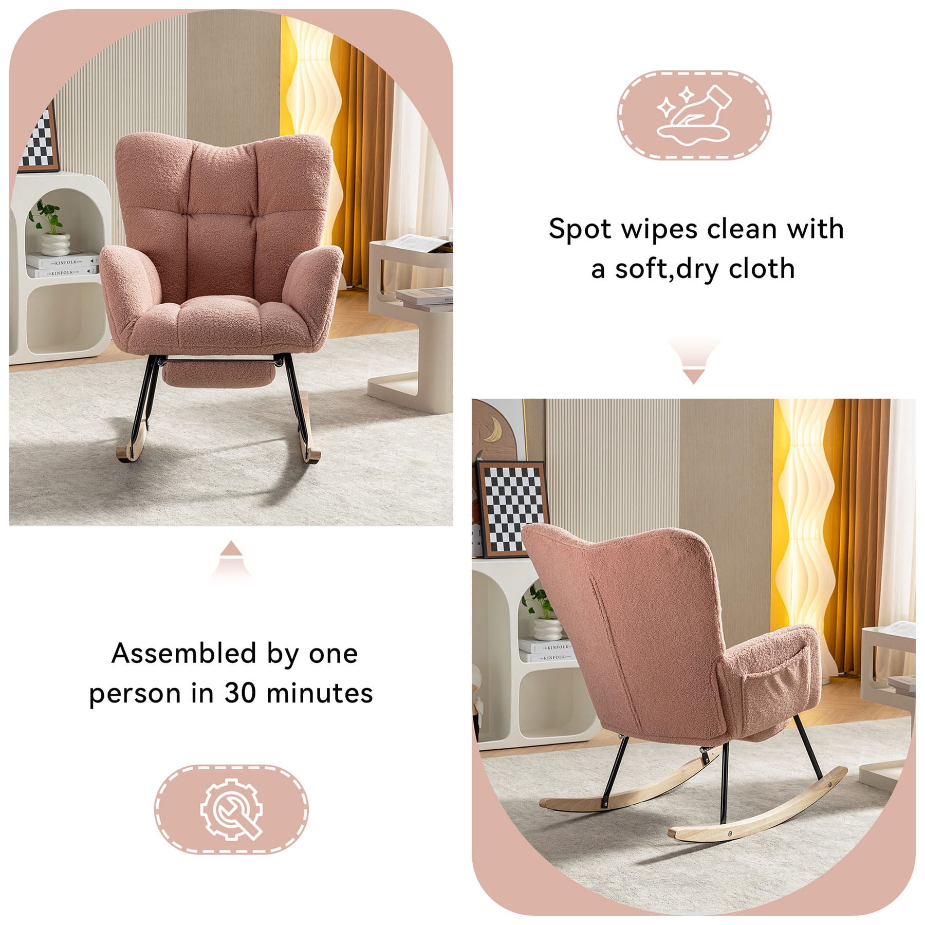 S-HOME Teddy Fabric Rocking Chair with Adjustable Footstool, High Backrest and Storage Pocket for Versatile Indoor Use, Pink
