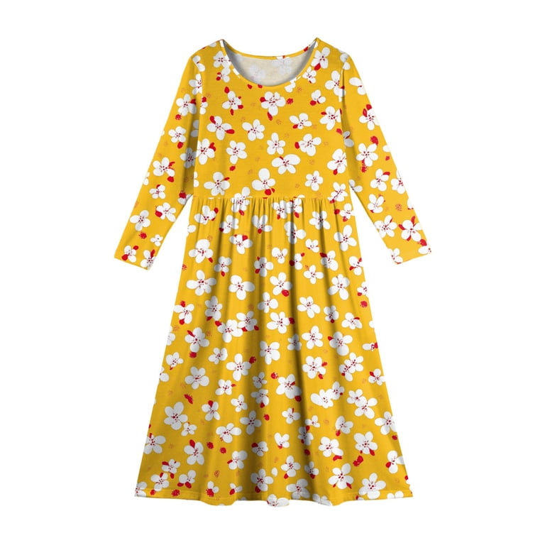 Inglocry Girls Maxi Dress Casual Holiday Long Dresses with Pockets Round  Neck Cute Dresses For Teens 5-14 Yellow 5-6Y - Walmart.com