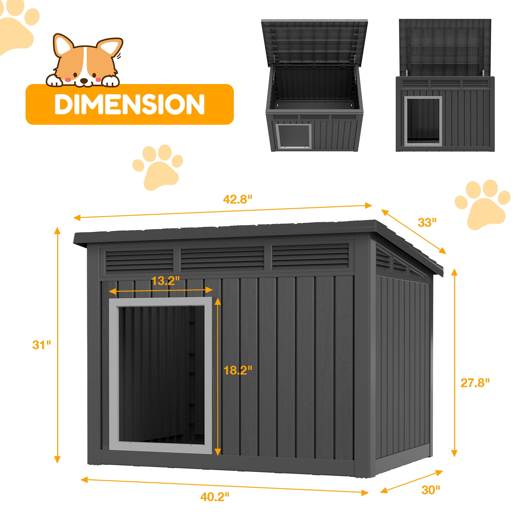 Nihsuao Waterproof Dog House for Medium to Large Dogs, Indoor Outdoor PP Kennel with Ventilated Design & Removable Roof, Easy to Clean, Black, 42.2"L x 30"W x 31"H