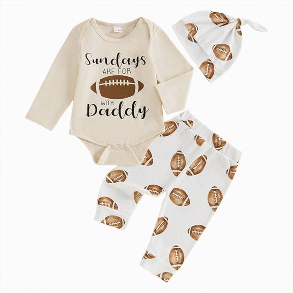 Kaprioy Baby Boy Romper Baby Boys Fall Outfits Long Sleeve Crew Neck Letters Print Romper Football Print Sweatpants Hat 3Pcs Cute Clothes