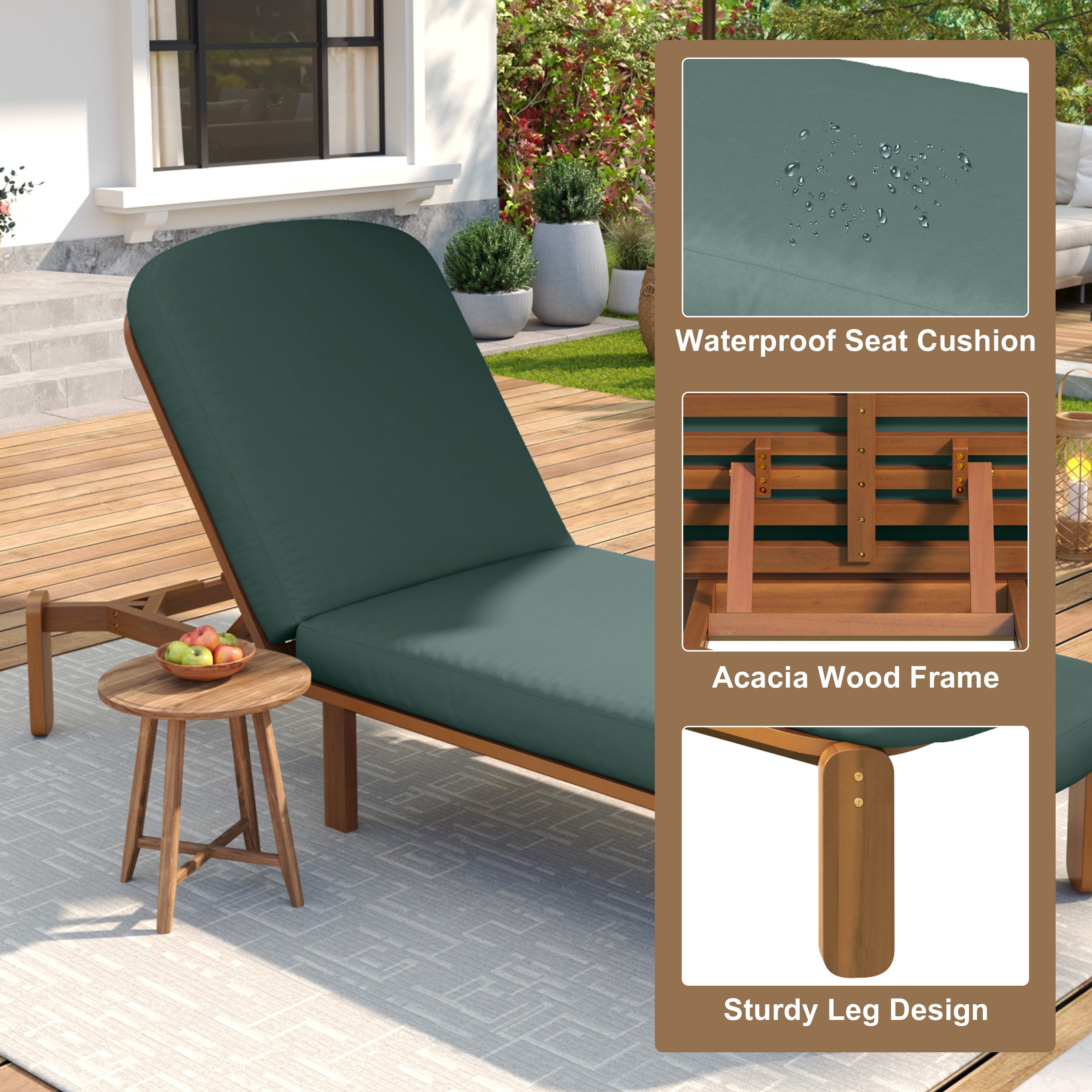 Adjustable Backrest Chaise Lounge, Outdoor Patio Recliner for Poolside, Green
