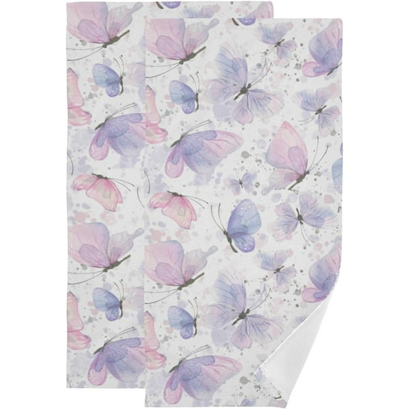 2 Pcs Watercolor Blue Butterfly Decorative Hand Towels for Bathroom,Soft Absorbent Pink Butterflies Pattern Dish Towels for Kitchen,Quick Dry Guest Bathroom Towels for Face,Shower 18 x 26 inch
