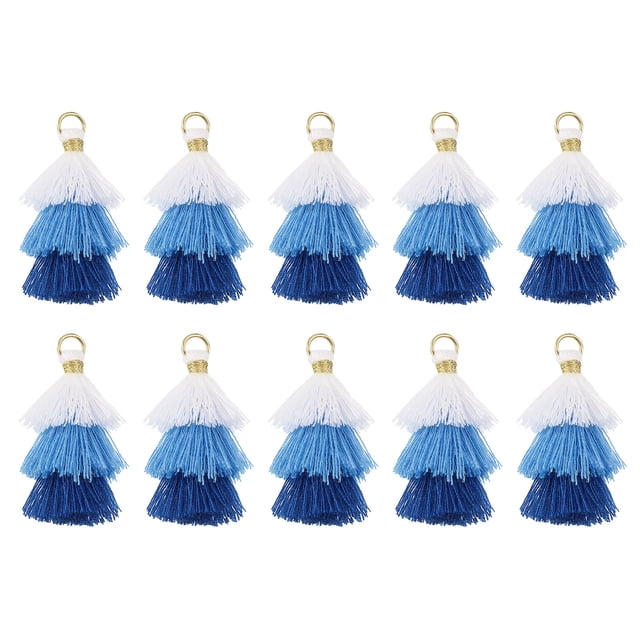 10Pcs Mini Borlas Tri-Capa de 1.6" Charm de Bolsa Bohemio Llaveros para Proyectos de DIY (Blanco/Azul/Azul oscuro)