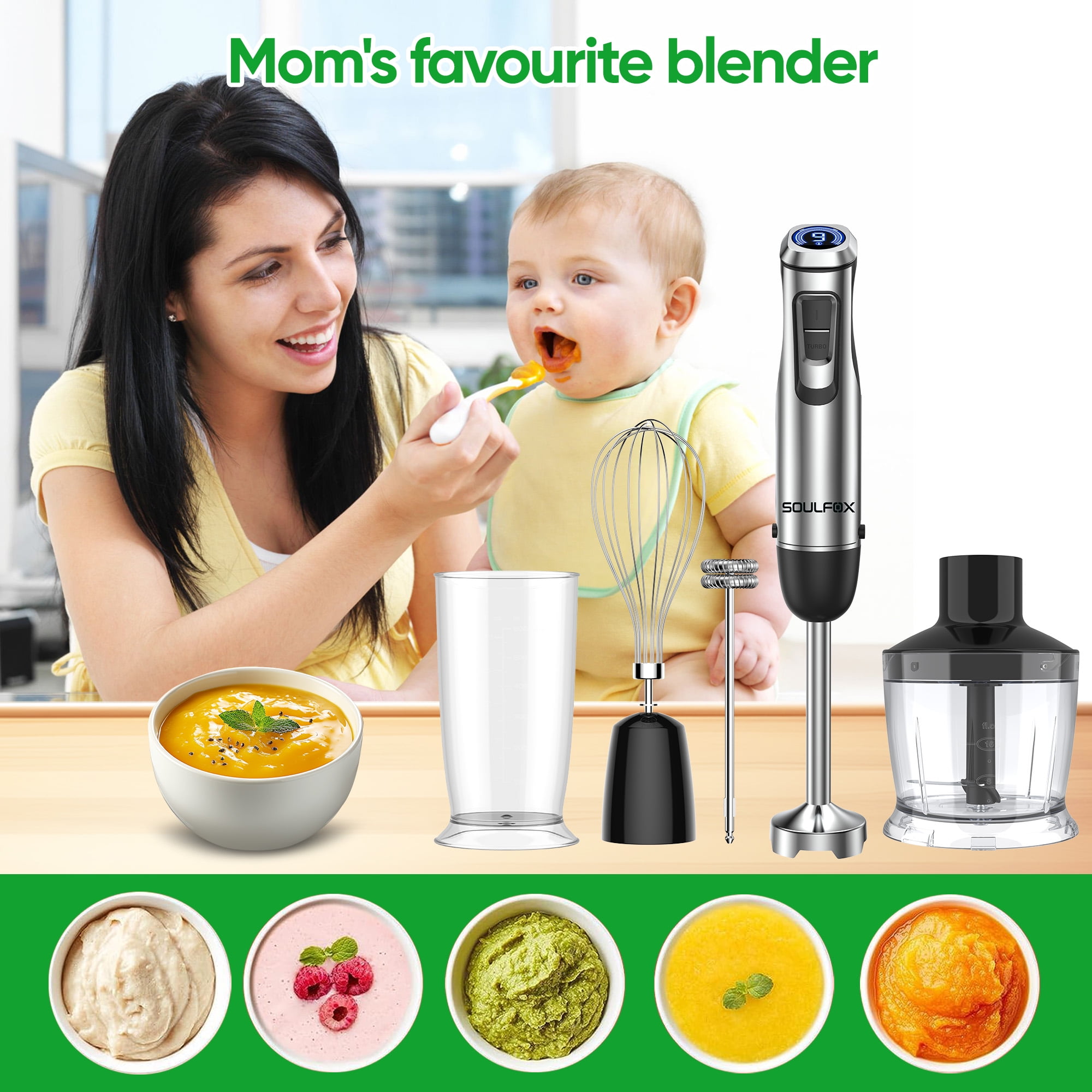Soulfox Handheld Immersion Blender and Display 1500W, 5 in 1 Multifunctional Hand Mixer, Stainless Steel