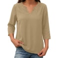 thumbnail image 6 of Craaazy Women Casual Tops Loose Fit Solid Color V Neck Lace Trim 3/4 Sleeve Blouses for Fall Gift, 6 of 9