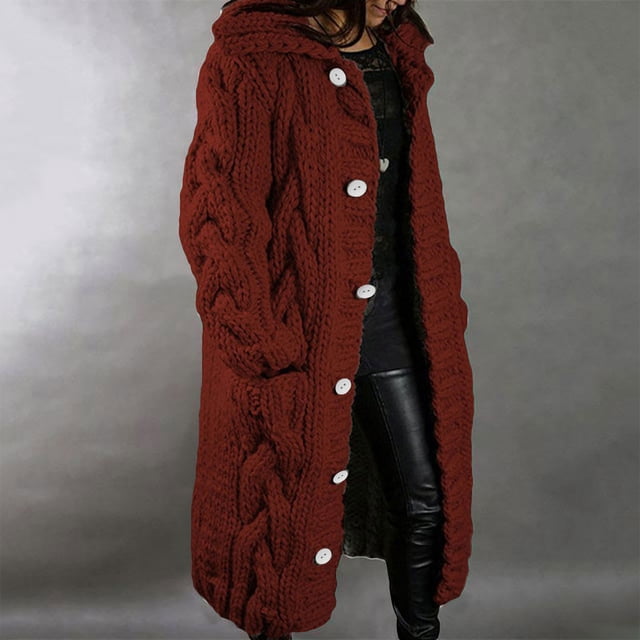 cllios Women Hooded Open Front Cardigan Cable Knit Sweaters Solid Color Button Down Chunky Long Sweater Coats with Pocket