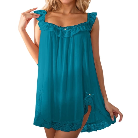 XIAONU Womens Lace Ruffle Trim Chemise Loose Fit Sleeveless Square Neck Nightgown Soft Feminine Sleep Nightdresses