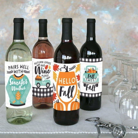 Big Dot of Happiness Happy Fall Truck - Harvest Pumpkin Party Decorations for Women and Men - Wine Bottle Label Stickers - Set of 4