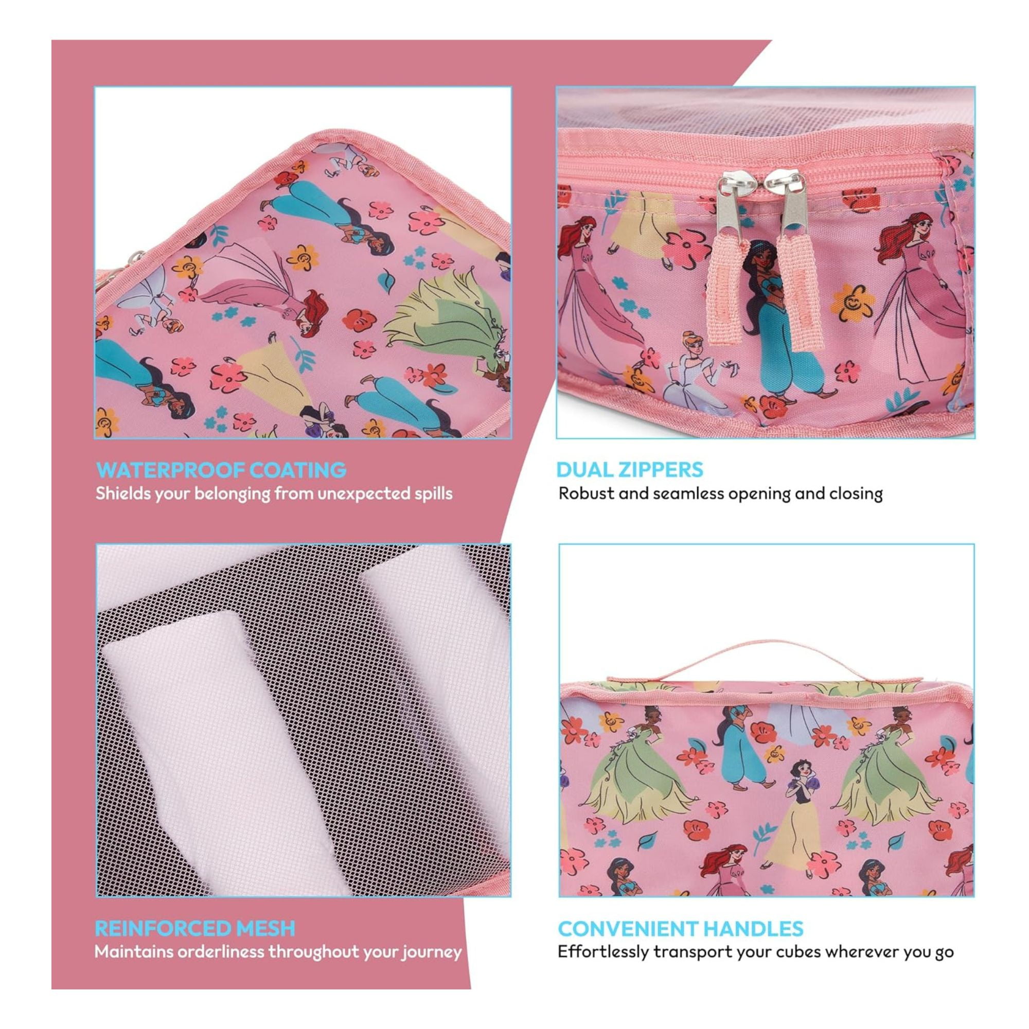 Disney Princess Packing Cubes, 5 Piece Organizer Set Travel Essentials Bags for Kids and Adult Pink