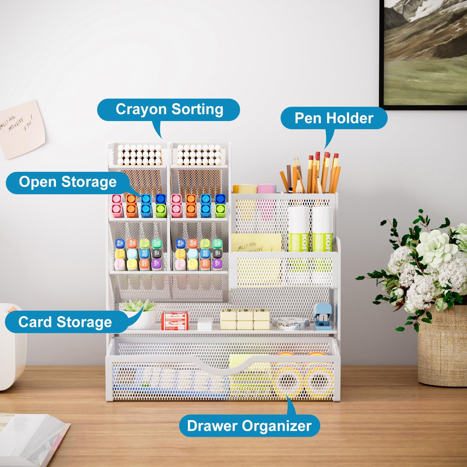 Marbrasse Mesh Pen Holder for Desk, Desk Organizer with Drawer, Multi-Functional Pencil Organizer, Accessories for Office Art Supplies (White)