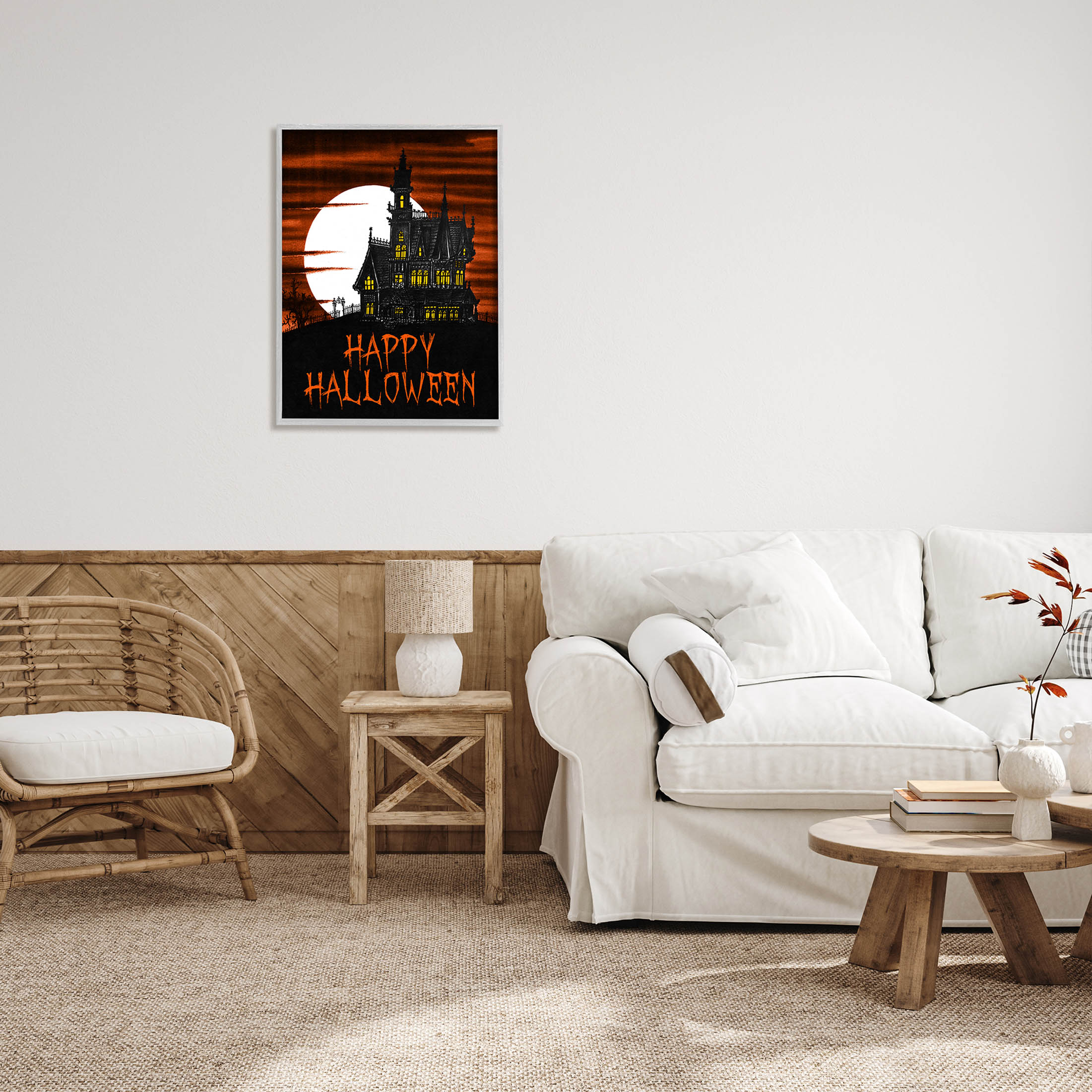 Stupell Industries Happy Halloween Haunted House Graphic Art Gray Framed Art Print Wall Art, Design by The Saturday Evening Post